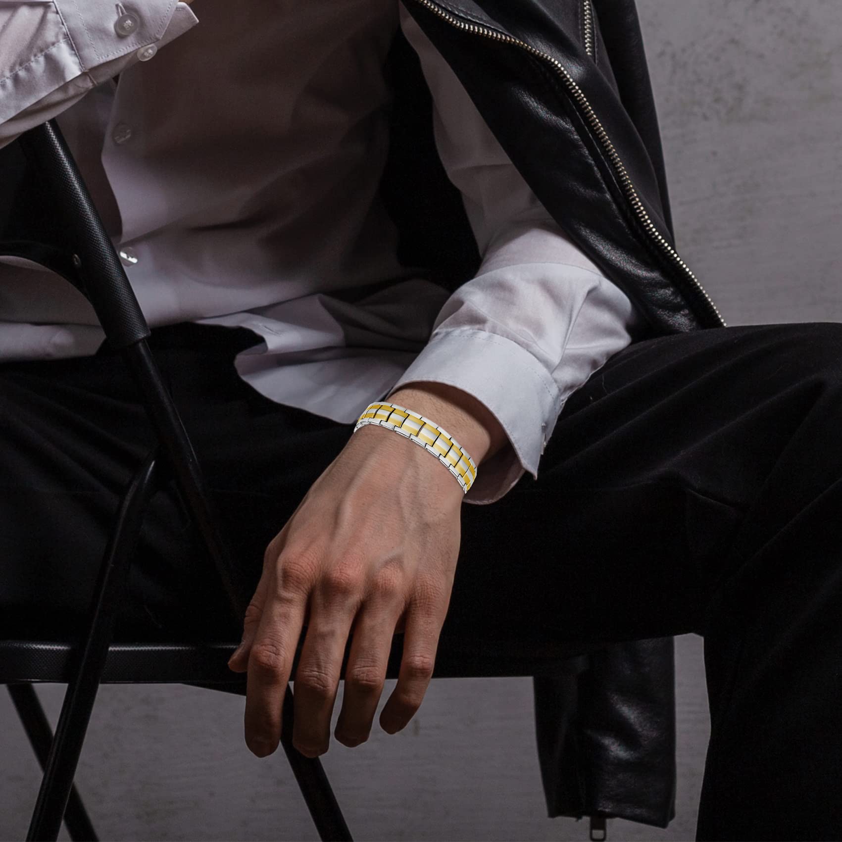 Feraco bracelet worn with a watch for cohesive styling.