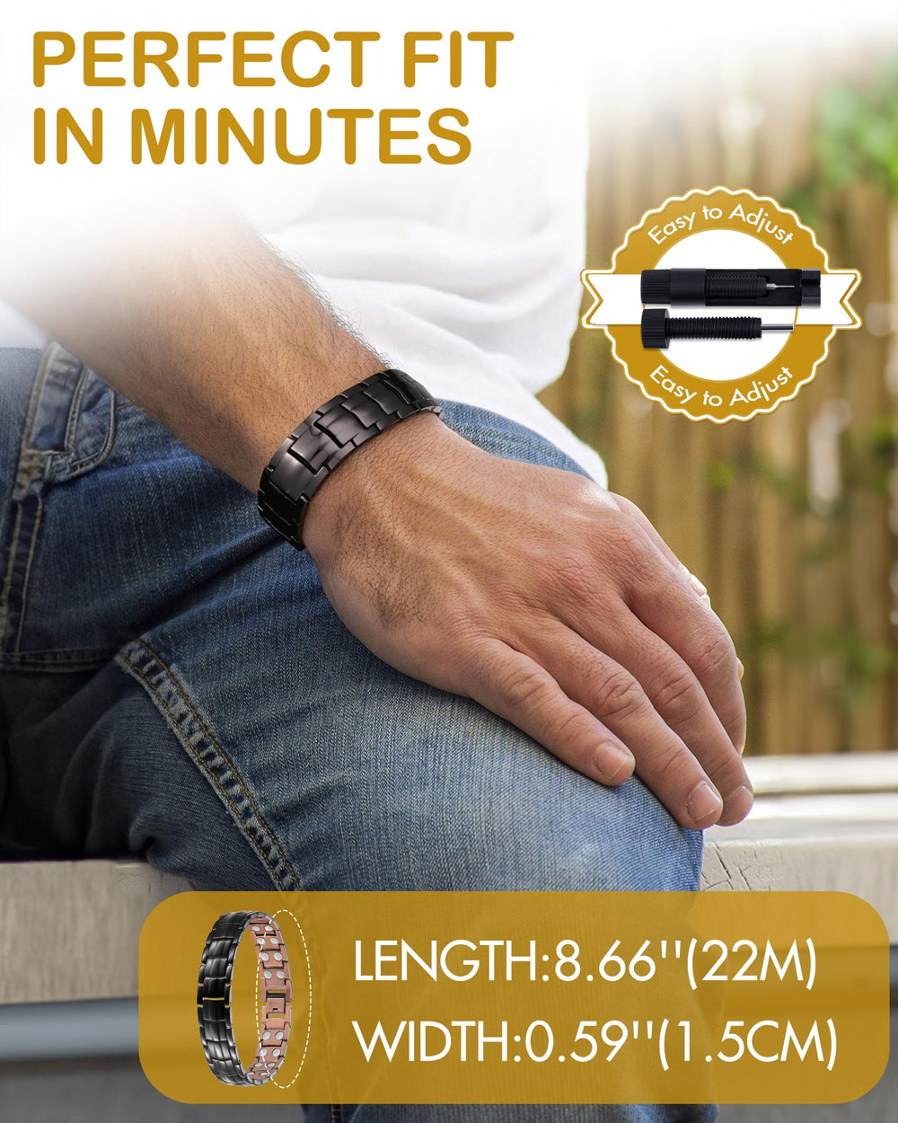 Feraco bracelet held in hand highlighting wide link design