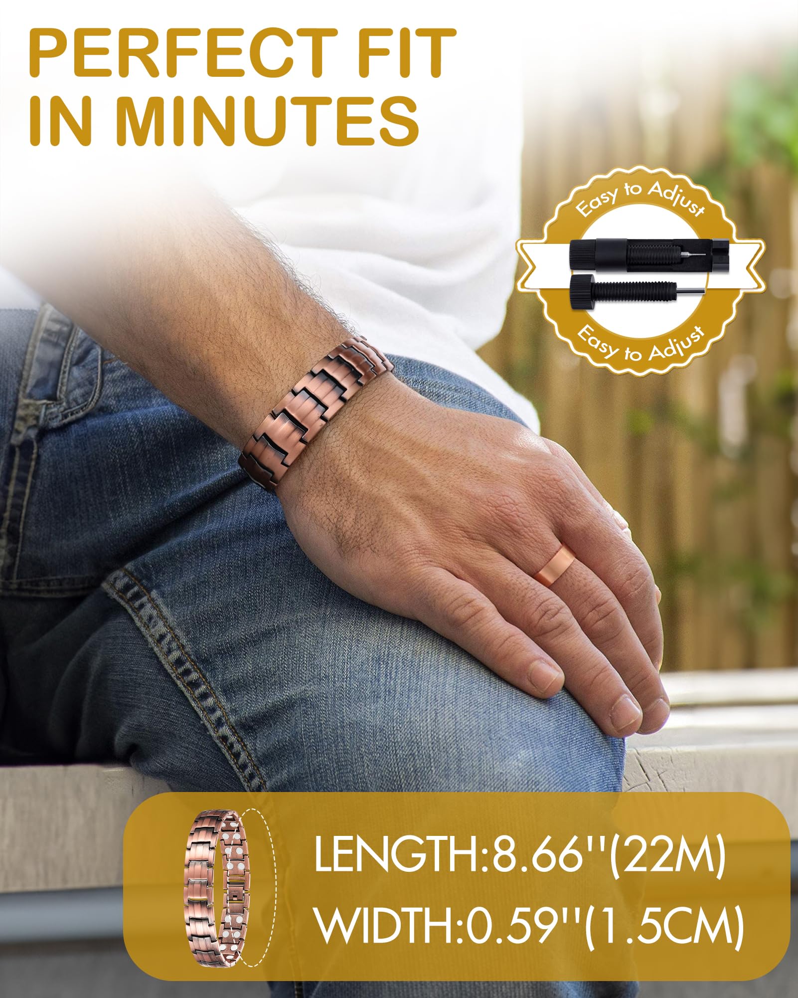 Feraco men's copper bracelet paired with a watch for everyday wear