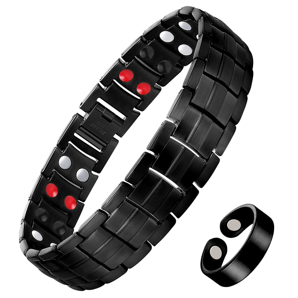Feraco mens magnetic bracelet in black ring finish shows premium titanium steel and hypoallergenic design.