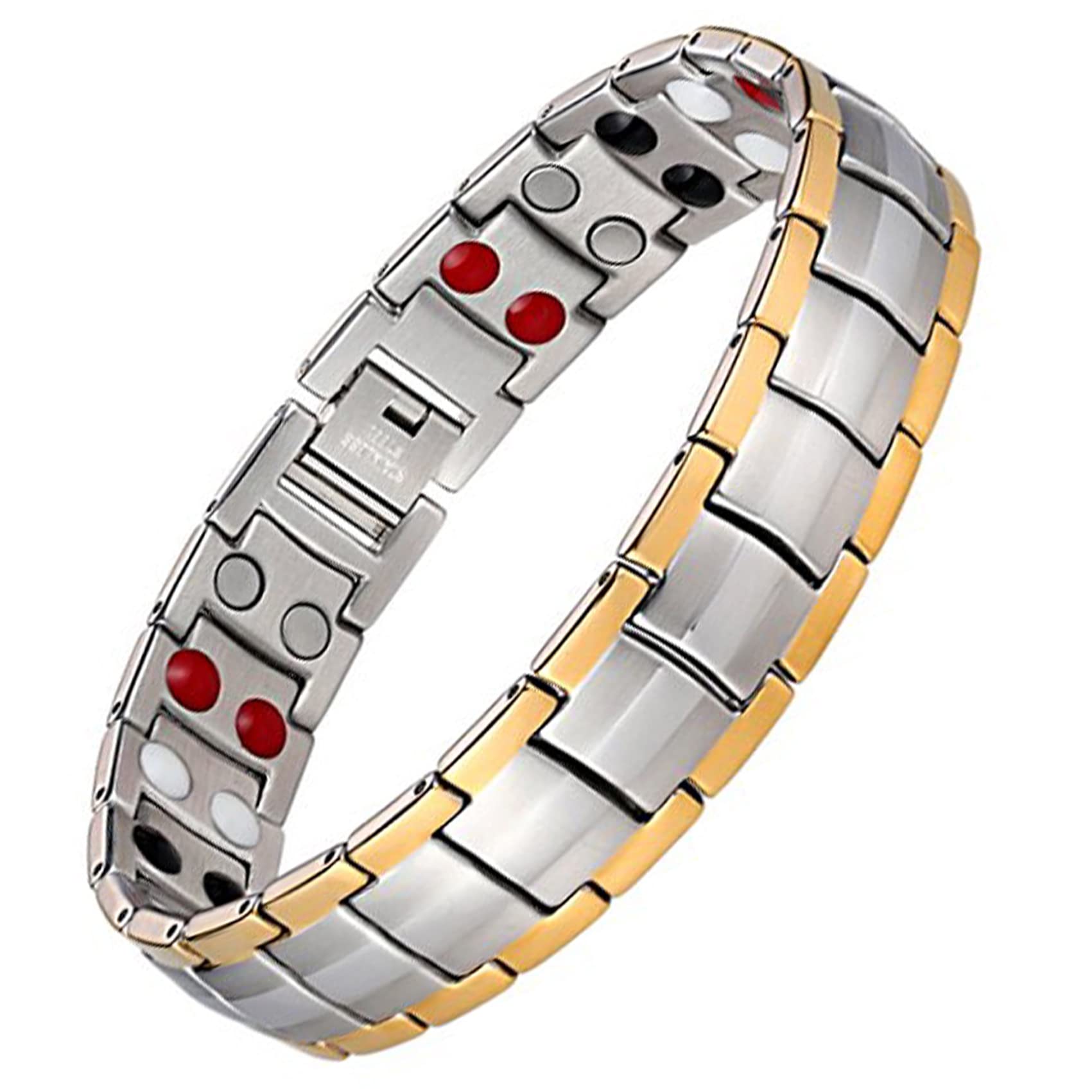 Feraco mens magnetic bracelet with double-row magnets in silver and gold finish.