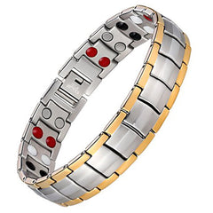 Feraco mens magnetic bracelet with double-row magnets in silver and gold finish.