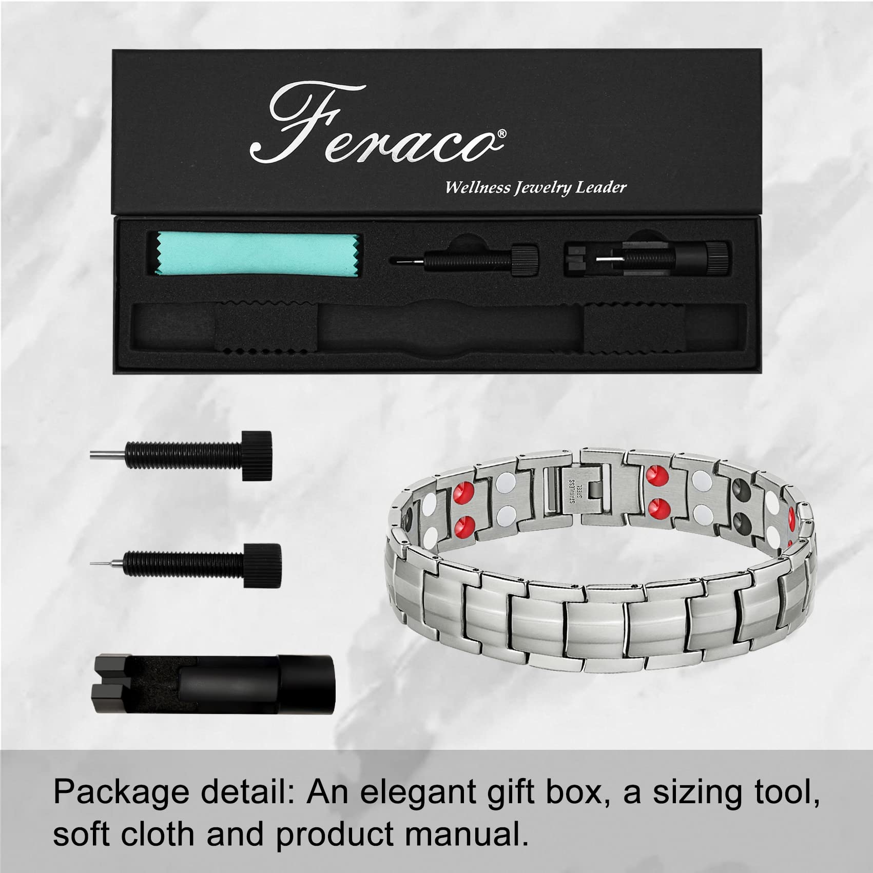 Feraco bracelet includes resizing tool and cleaning cloth for easy at-home care.