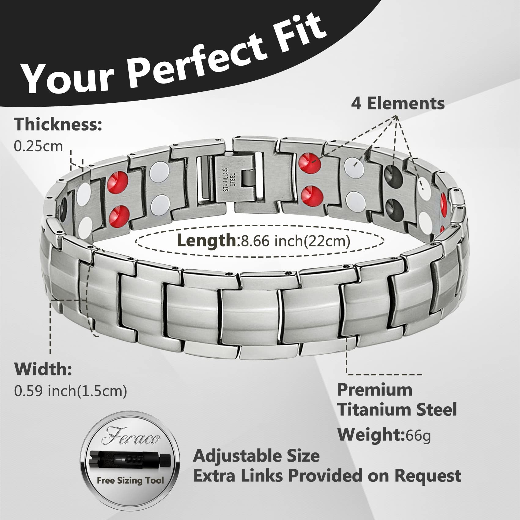 Feraco magnetic bracelet in titanium steel with a classic silver finish and secure clasp.