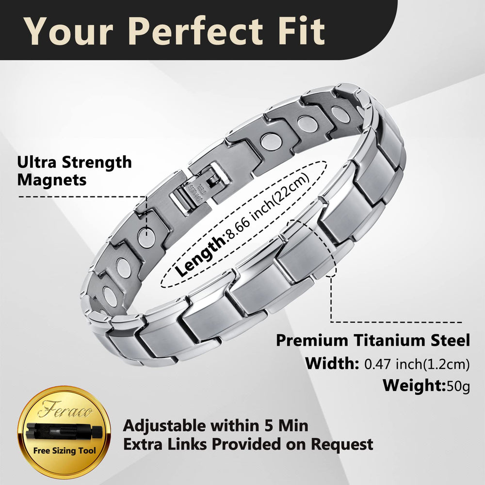 Feraco mens magnetic bracelet surface shows matte silver links and polished edges for everyday wear