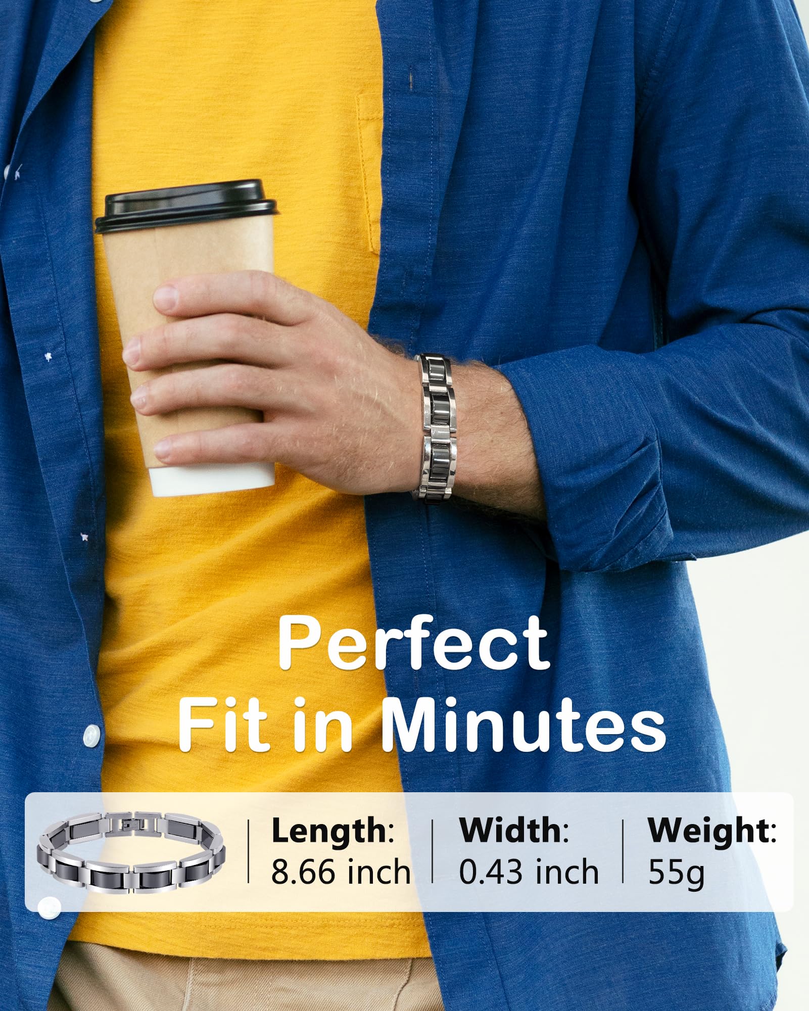 Feraco bracelet on wrist illustrating 8.66 inch length and versatile styling