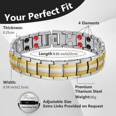 Feraco titanium steel bracelet shows silver with a gold line for versatile looks.