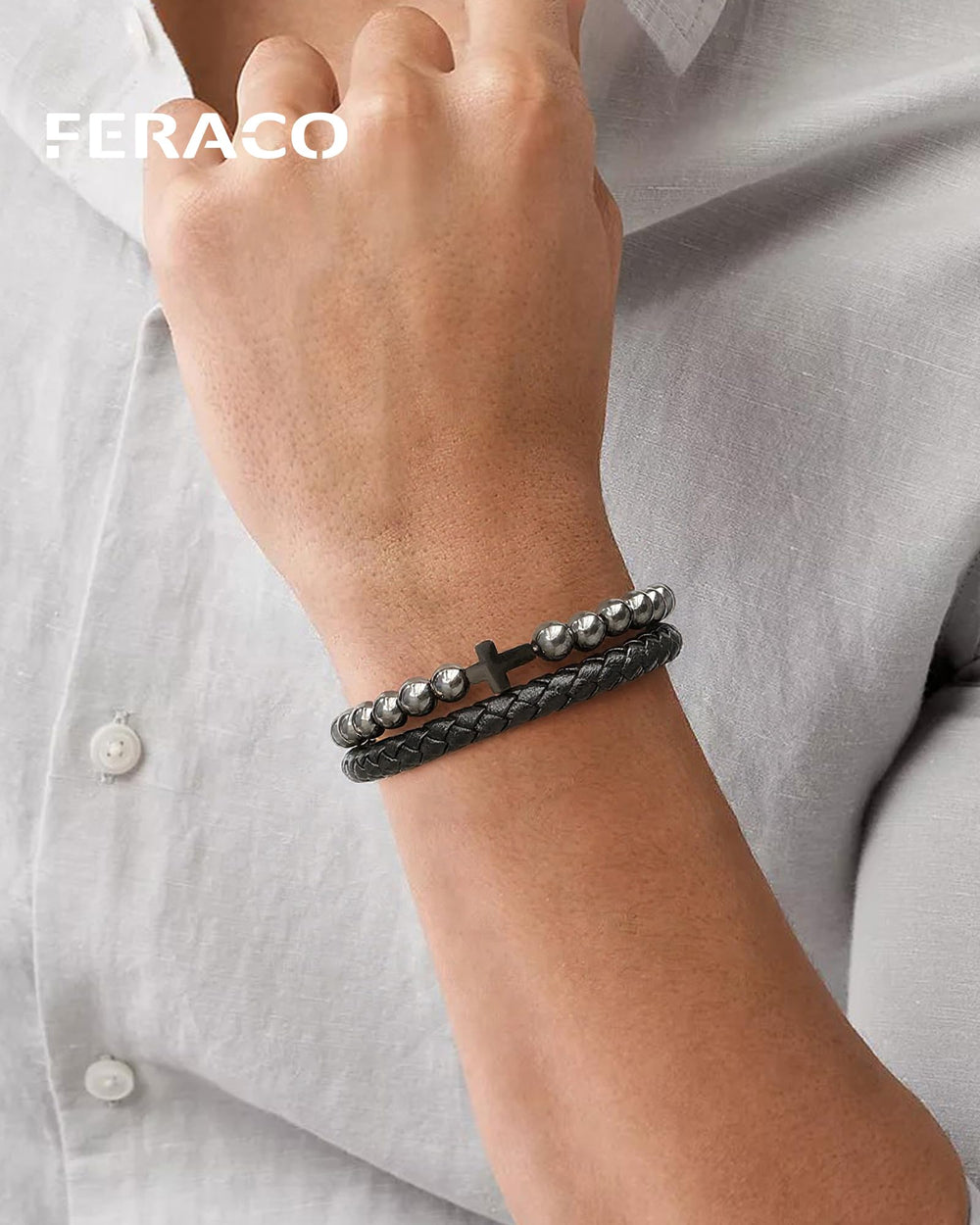 Feraco worn on the wrist with versatile outfits for men.