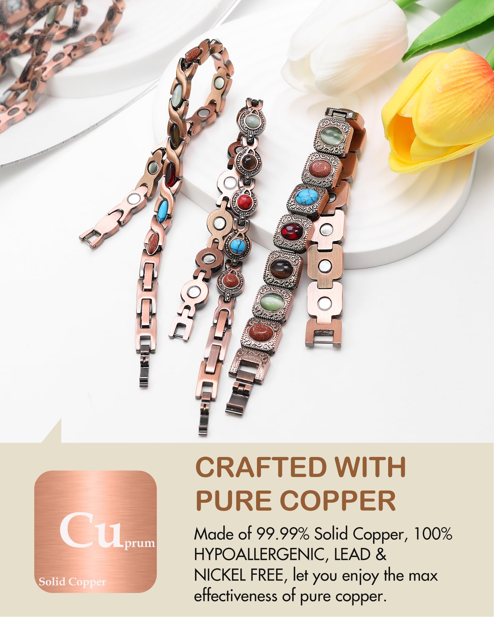 Feraco pure copper bracelet magnets close-up highlights strength for daily wear.