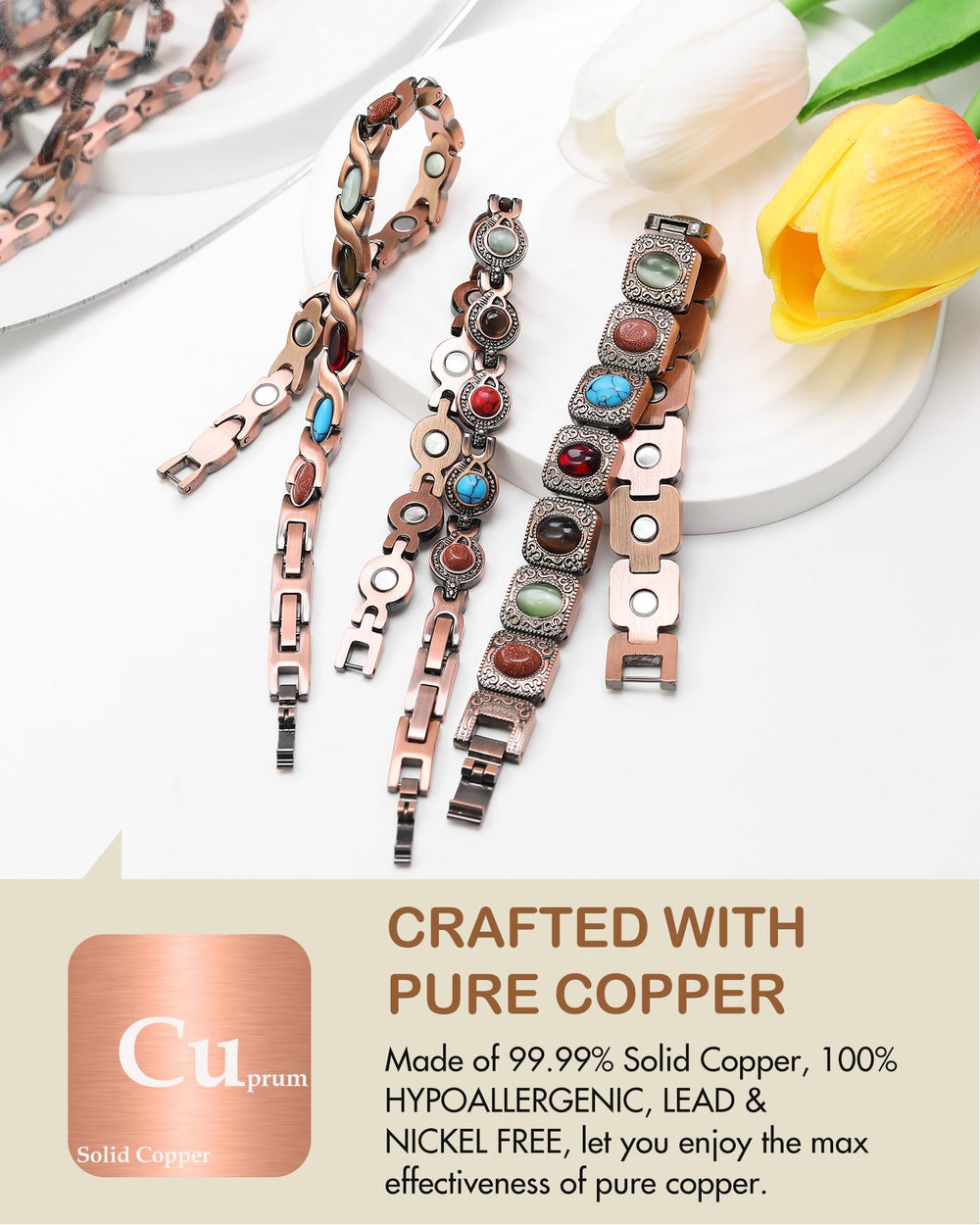 Feraco pure copper bracelet magnets close-up highlights strength for daily wear.