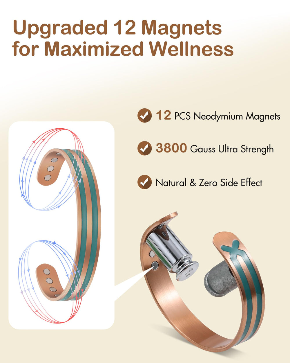 Feraco pure copper bracelet with 6.5-inch length shown side view