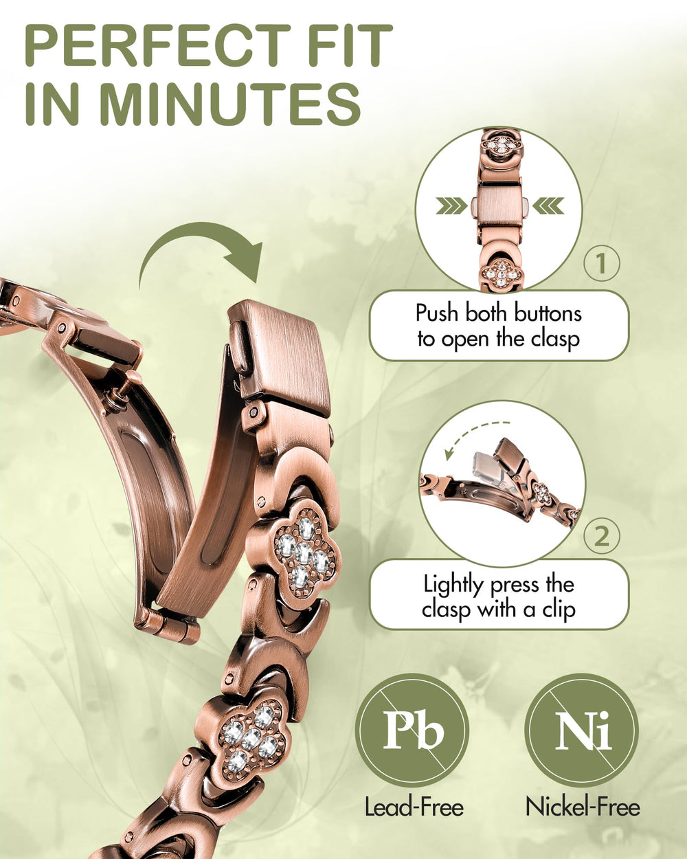 Feraco Pure Copper Bracelet showcases cubic zirconia sparkle and 3800-gauss magnets for subtle strength