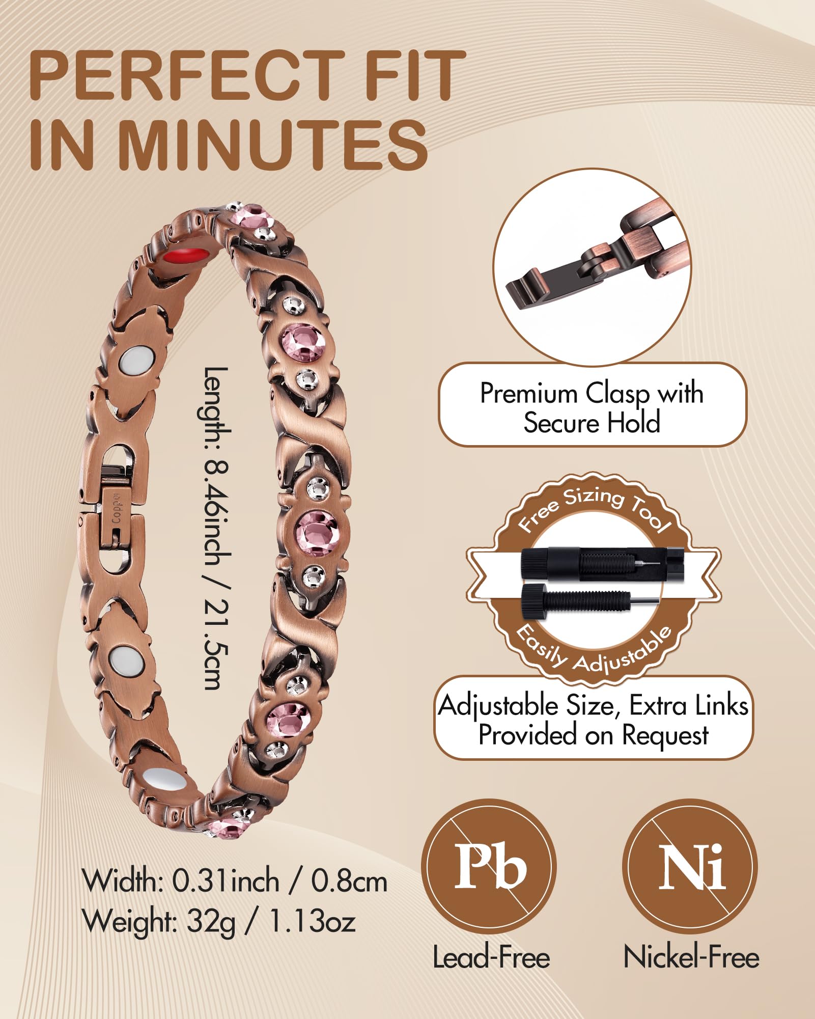Feraco hypoallergenic copper bracelet with oxidation-resistant finish