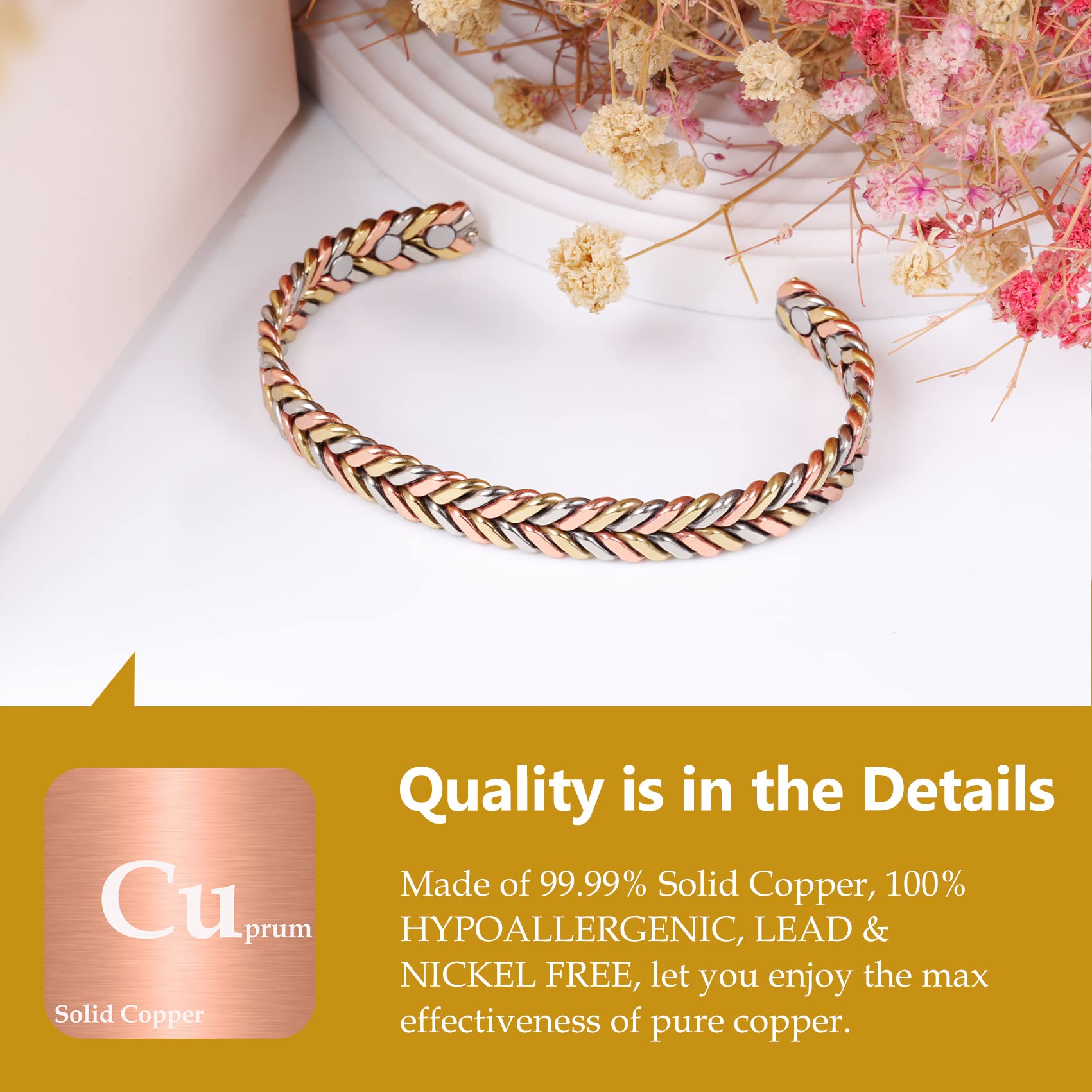 Feraco Pure Copper Bracelet is hypoallergenic and nickel-free for comfortable all-day wear.