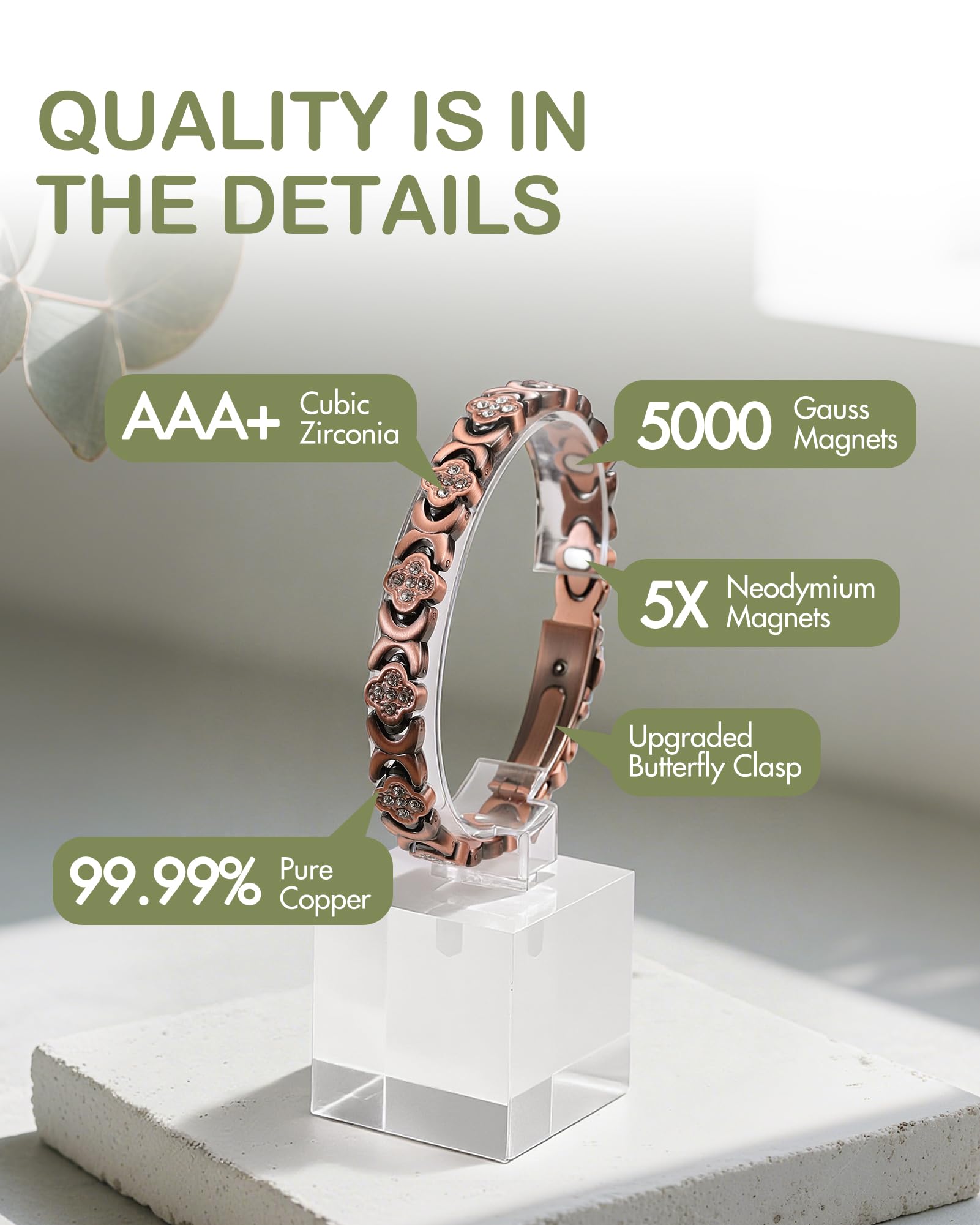 Feraco copper magnetic bracelet for women featuring 5000 gauss magnets for enhanced comfort.