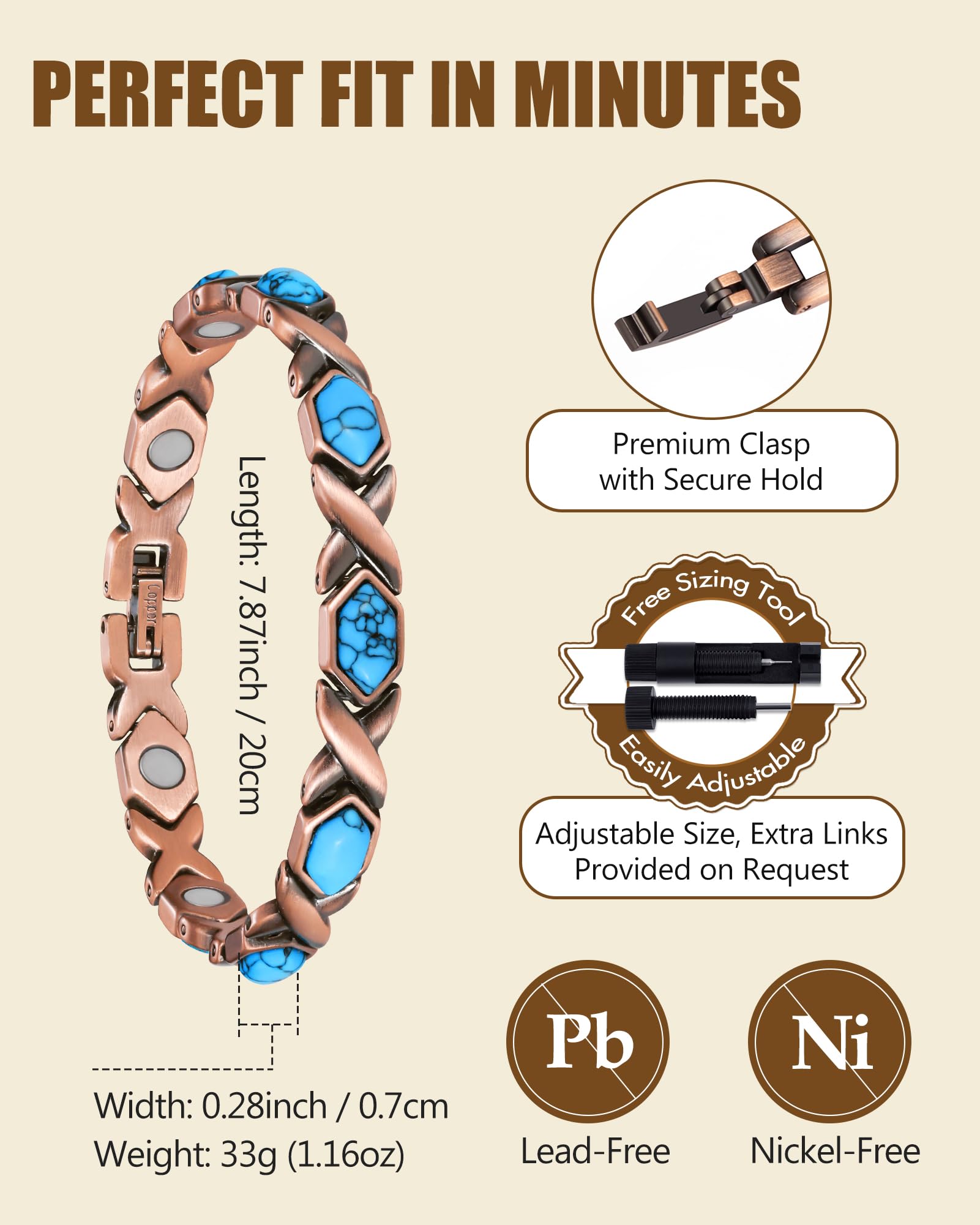 Feraco bracelet includes a sizing tool for an ideal fit.