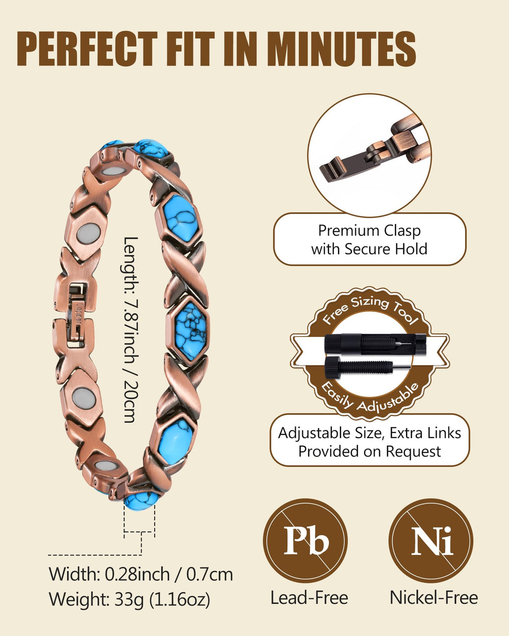 Feraco bracelet includes a sizing tool for an ideal fit.