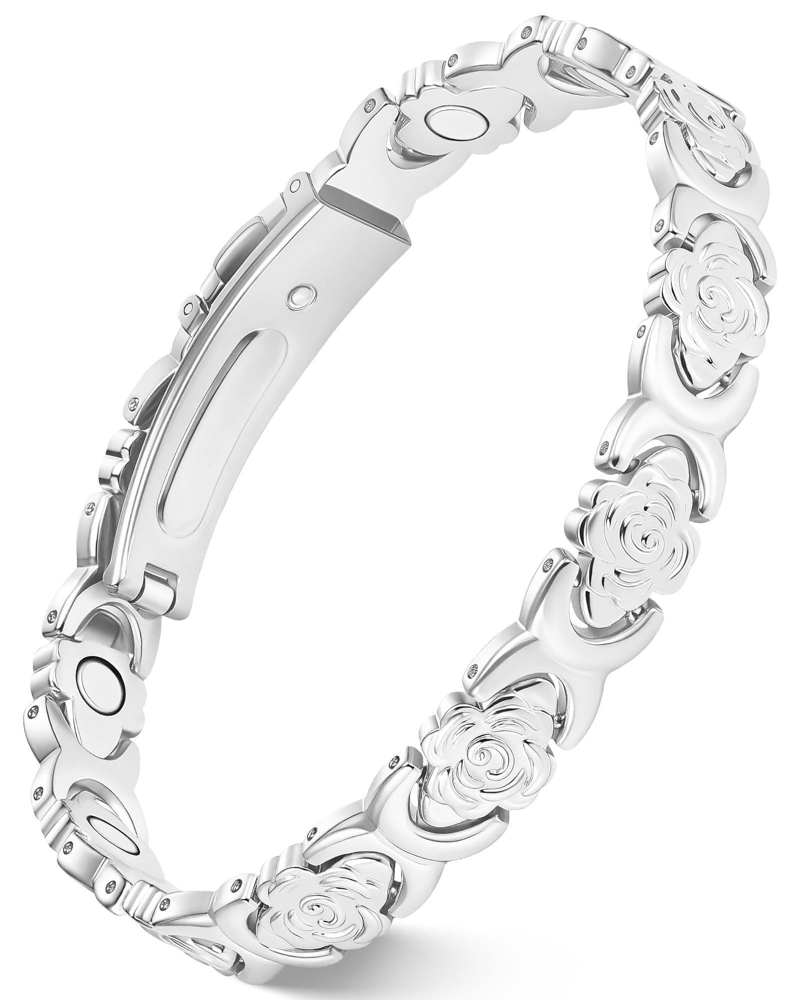 Feraco pure copper bracelet with rose-engraved links for timeless elegance and hypoallergenic comfort.