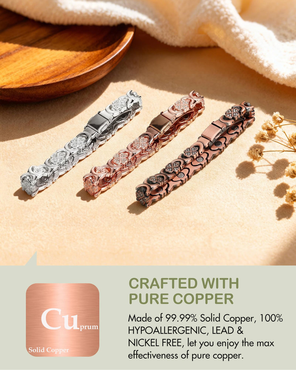 Feraco Rose Gold Pure Copper Bracelet with cubic zirconia for special occasions.