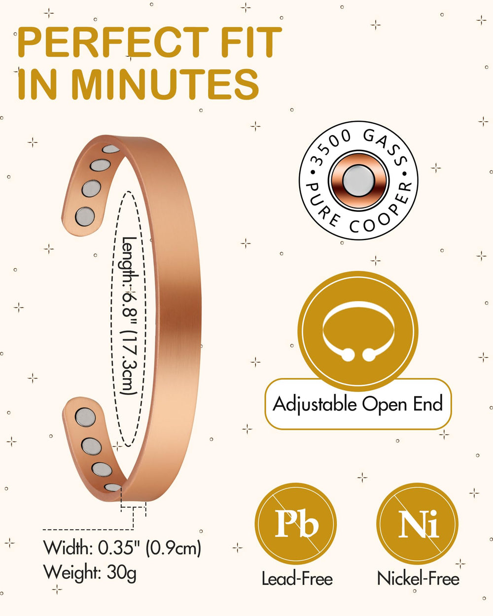 Feraco scratch-resistant copper bracelet maintains shine over time.