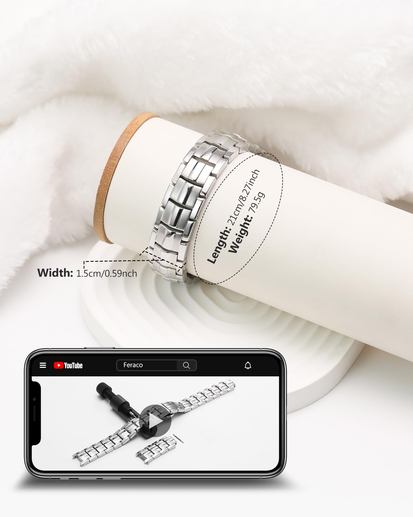 Feraco sleek silver bracelet finish complements professional and casual looks