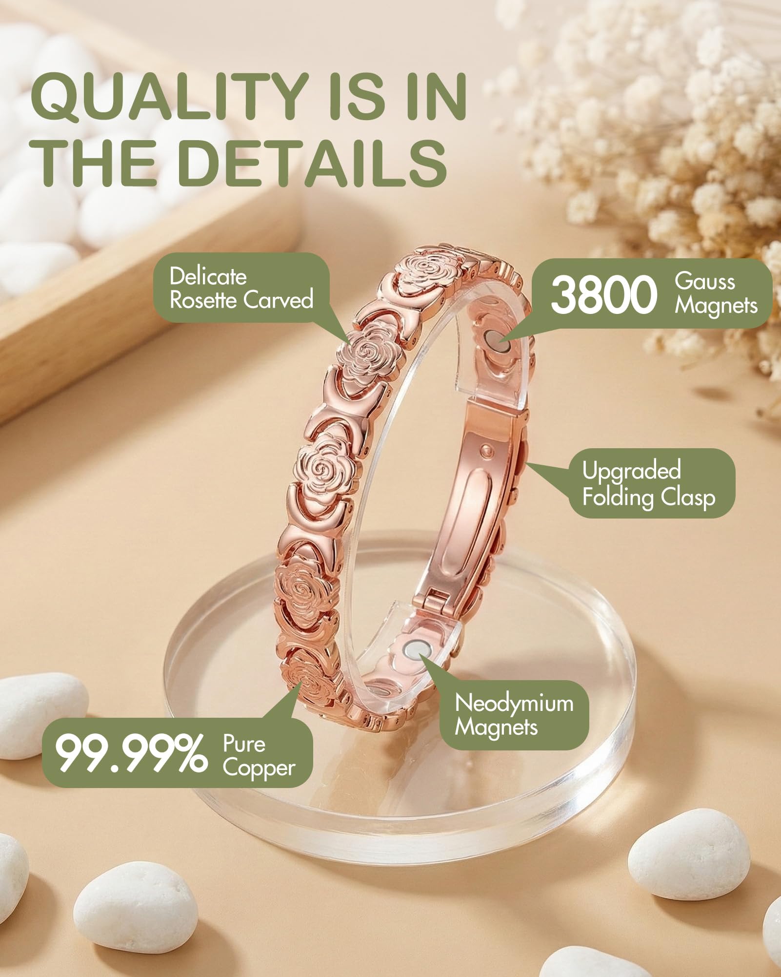 Solid copper construction is hypoallergenic and durable for sensitive skin
