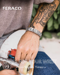 Feraco titanium steel bracelet on wrist highlighting durable, scratch-resistant finish
