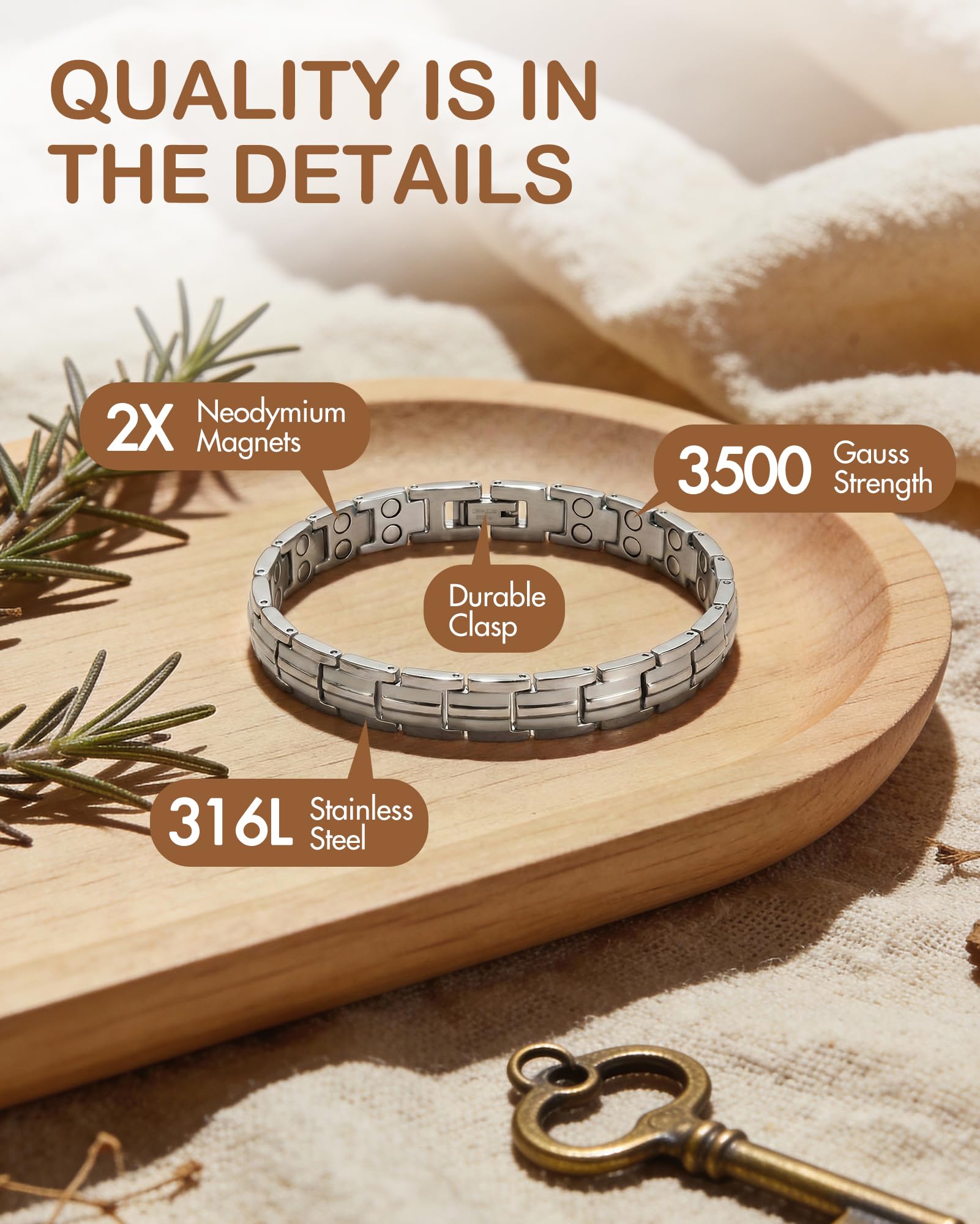 Feraco titanium steel bracelet with double rows magnets in silver