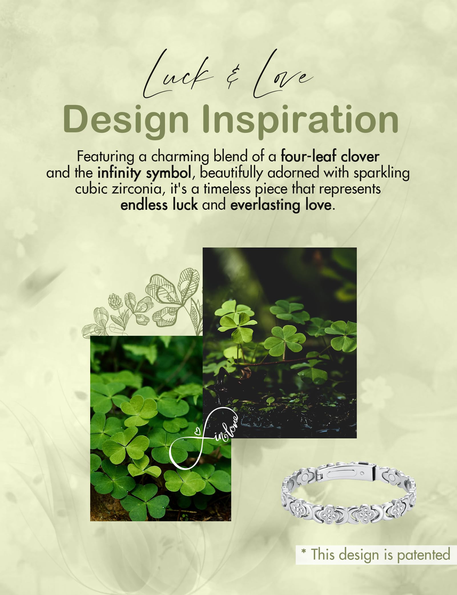 Feraco infinity and four‑leaf clover motif for luck and elegance