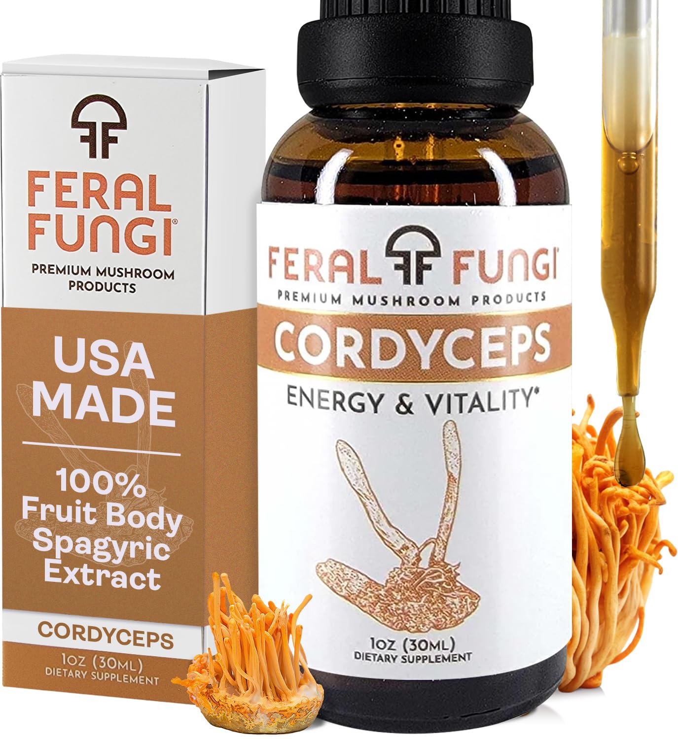 Feral Fungi Cordyceps tincture bottle closeup shows premium extract for daily energy