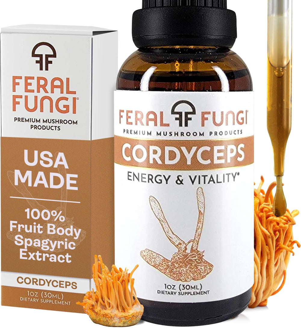 Feral Fungi Cordyceps tincture bottle closeup shows premium extract for daily energy