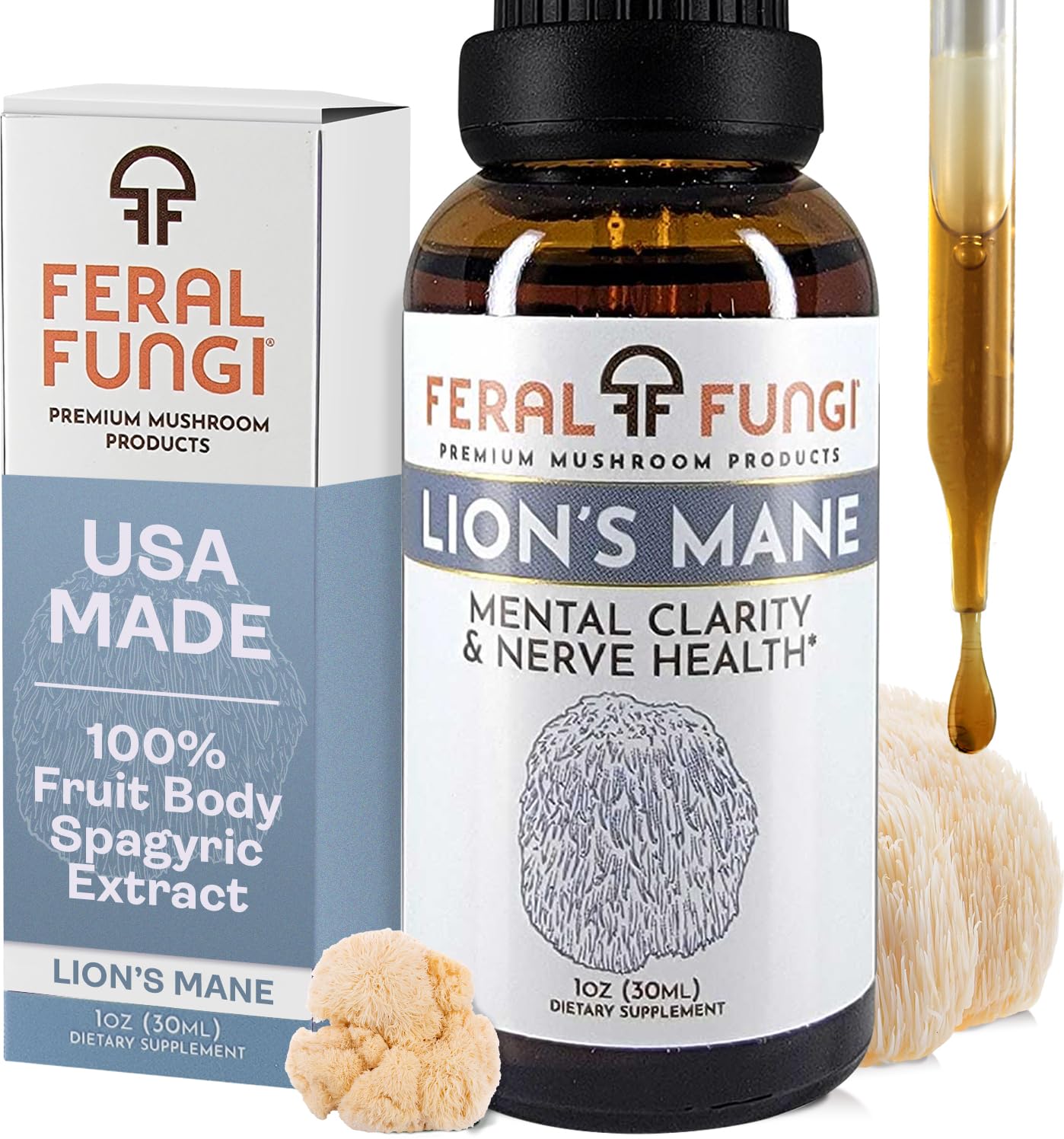Feral Fungi Lion's Mane tincture bottle highlighting pure extract for cognitive support