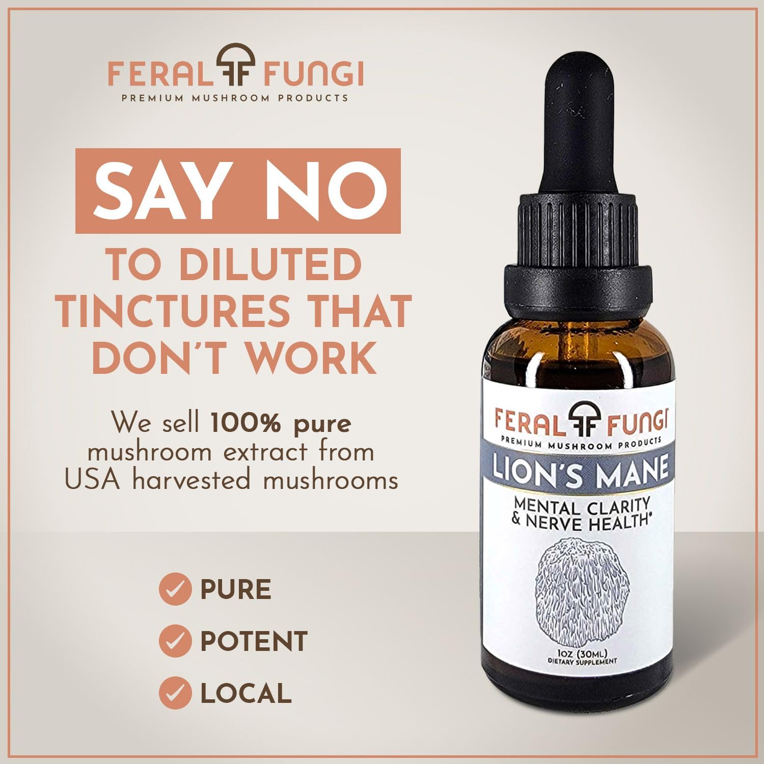 Feral Fungi Lion's Mane tincture being poured for easy dosing and daily use