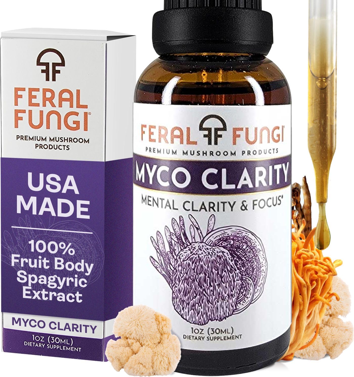 Feral Fungi Myco-Clarity bottle close-up for daily focus