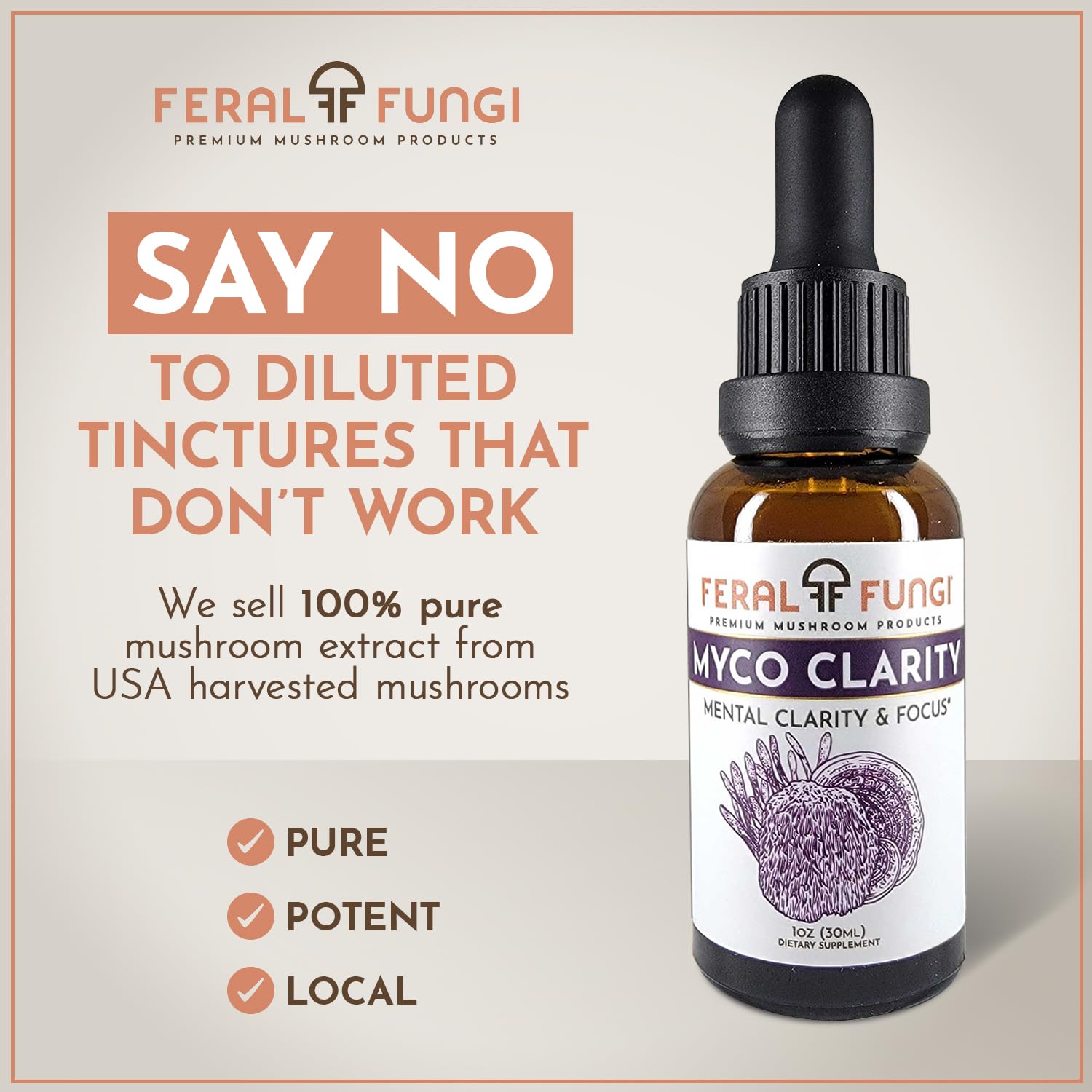 Feral Fungi Myco-Clarity bottle pour demonstrates easy dosing for busy days