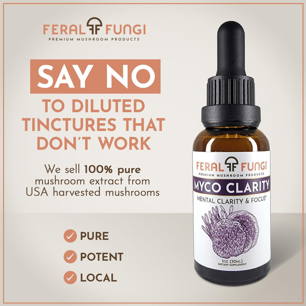 Feral Fungi Myco-Clarity bottle pour demonstrates easy dosing for busy days