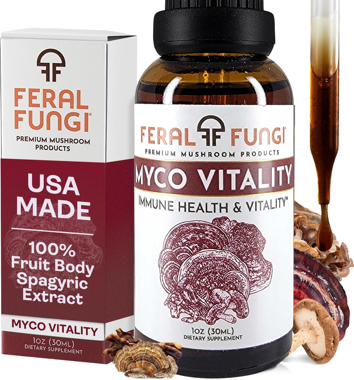 Feral Fungi Myco-Vitality tincture bottle on countertop for daily balance.