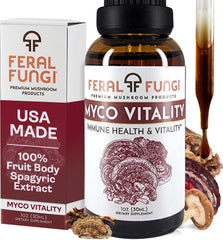 Feral Fungi Myco-Vitality tincture bottle on countertop for daily balance.