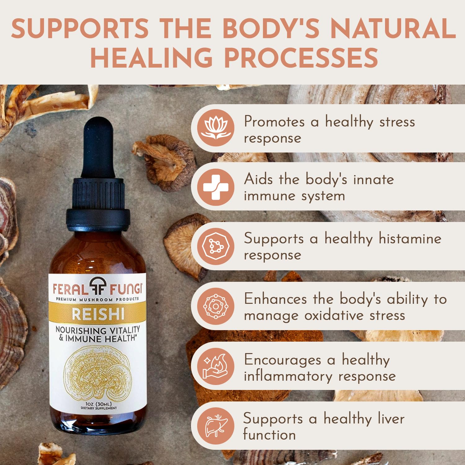 Feral Fungi Reishi tincture label highlights 100% fruiting body.