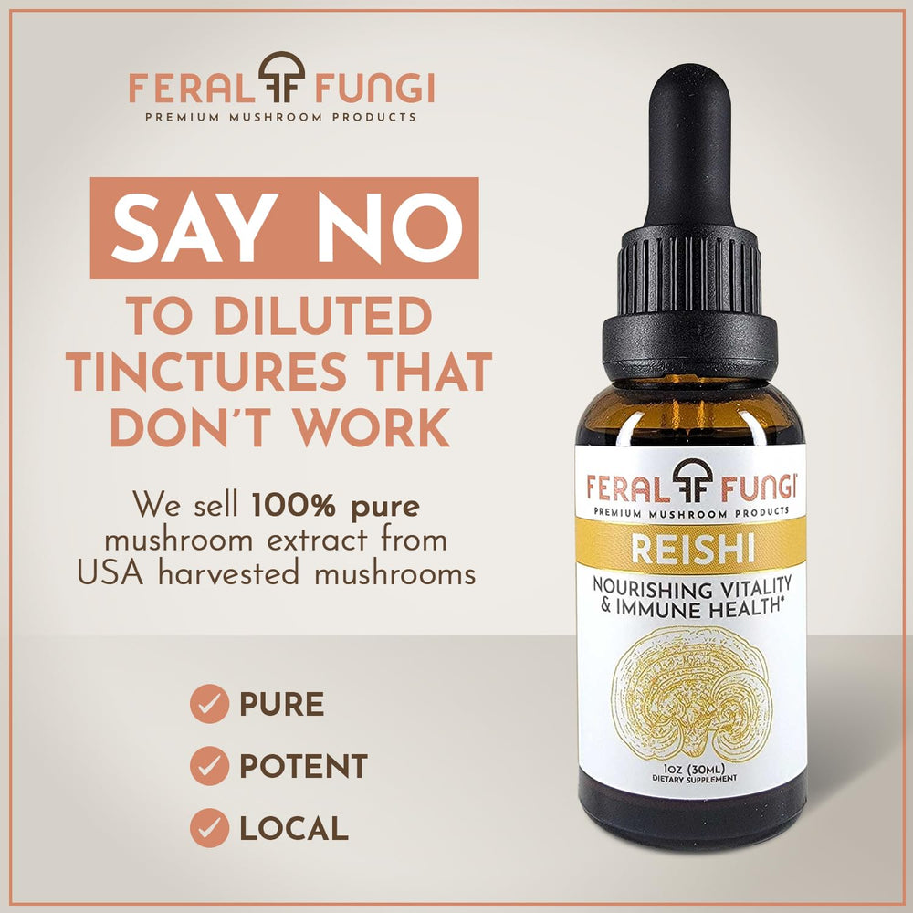 Feral Fungi Reishi tincture pour demonstrates easy dosing.
