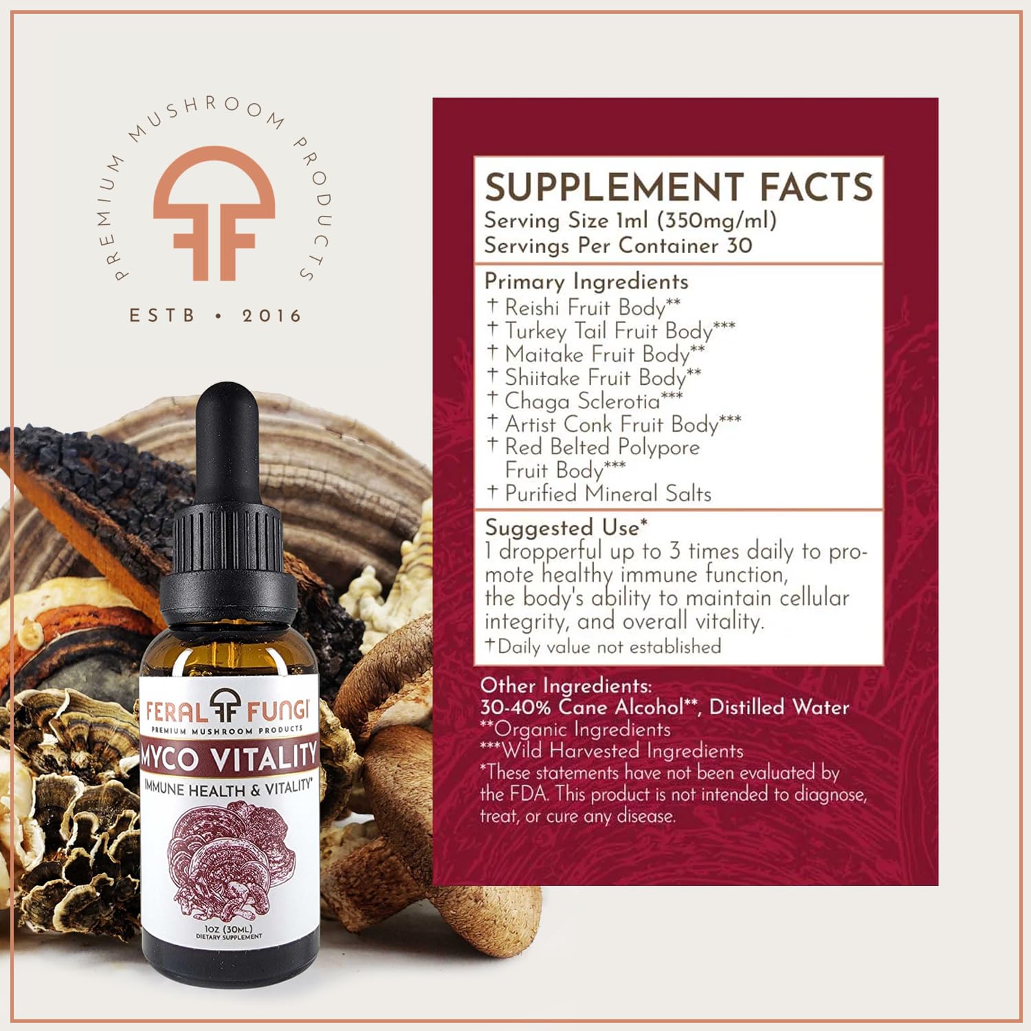 Feral Fungi Myco-Vitality product with USA-grown mushrooms sourcing.