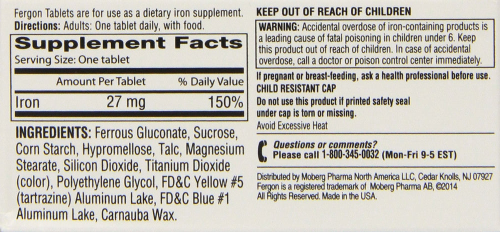 Fergon iron supplement bottle packaging with clear label for convenient daily use