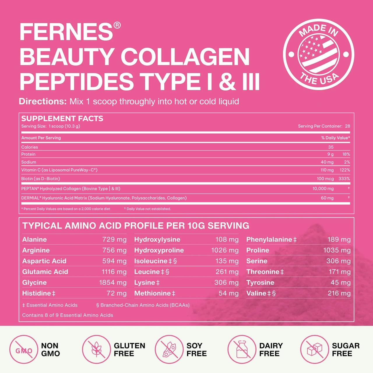 Fernes Collagen label close-up highlights Hyaluronic Acid Biotin and Vitamin C
