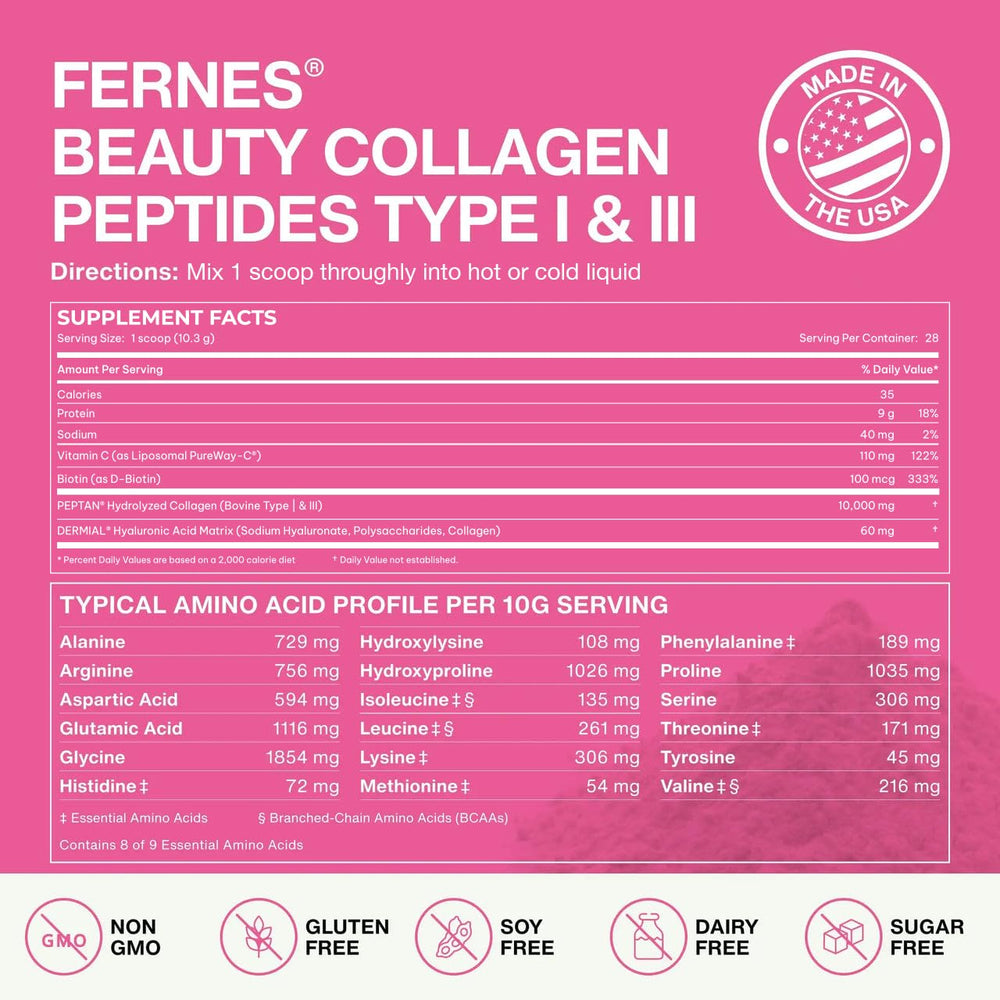 Fernes Collagen label close-up highlights Hyaluronic Acid Biotin and Vitamin C