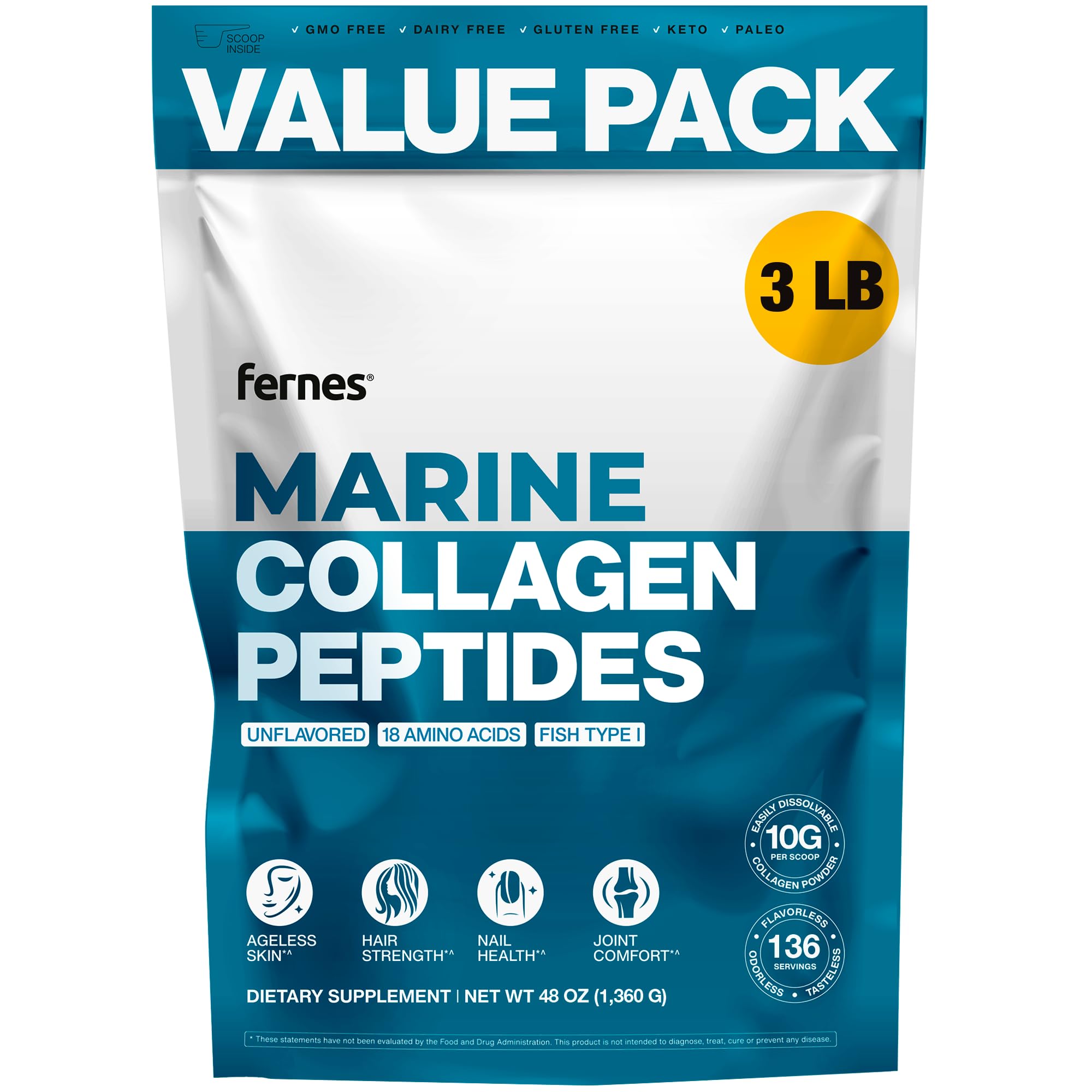 Fernes Marine Collagen bottle label highlighting purity and non-GMO formula for daily joint and skin support.