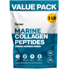 Fernes Marine Collagen bottle label highlighting purity and non-GMO formula for daily joint and skin support.