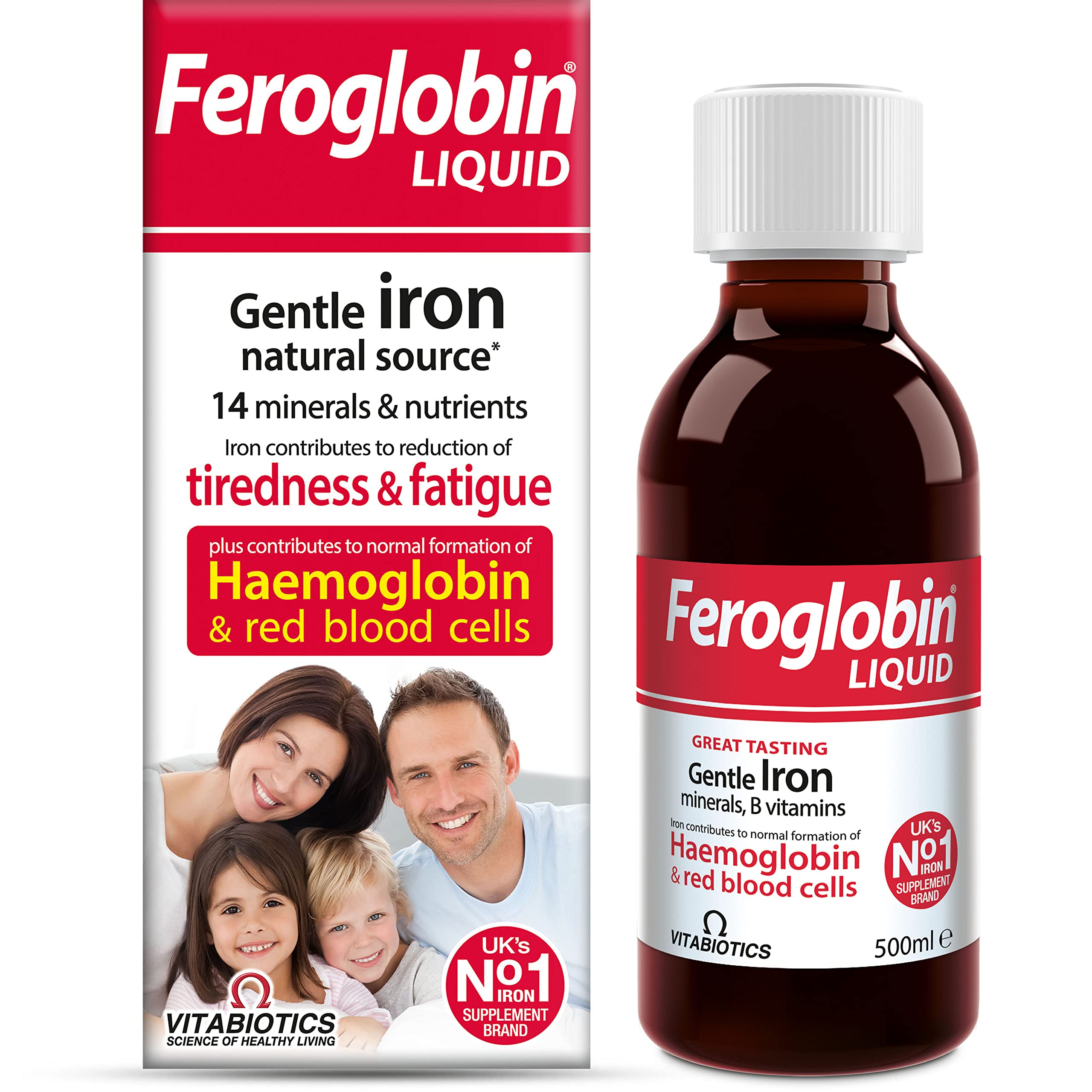 Feroglobin liquid bottle with honey-orange flavor for gentle iron intake