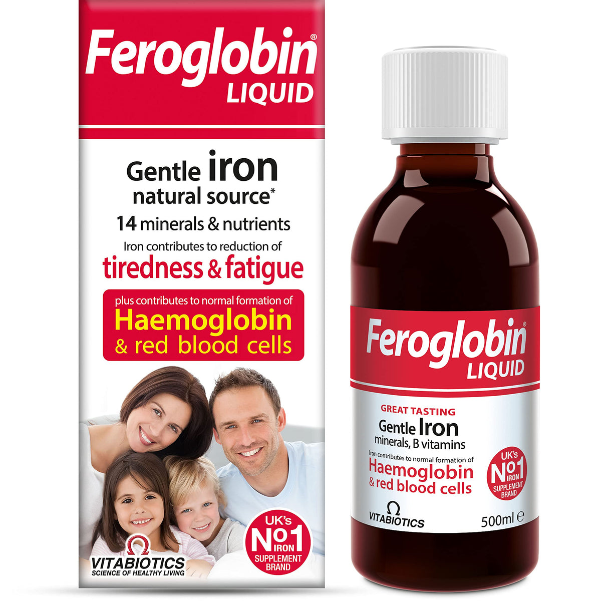 Feroglobin liquid bottle with honey-orange flavor for gentle iron intake