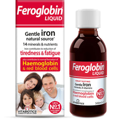 Feroglobin liquid bottle with honey-orange flavor for gentle iron intake