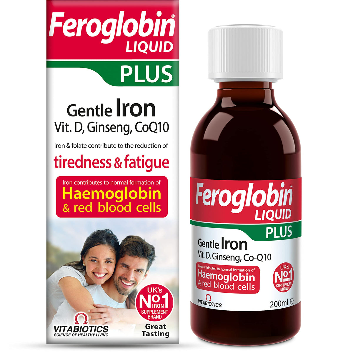 Feroglobin Plus Liquid bottle close-up; daily energy support with a rich iron formula